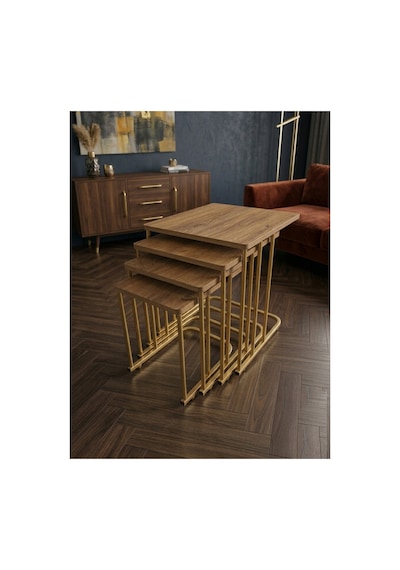 4 Lü Tekerlekli Sehpa Eskitme Gold - Çam Çok Renkli