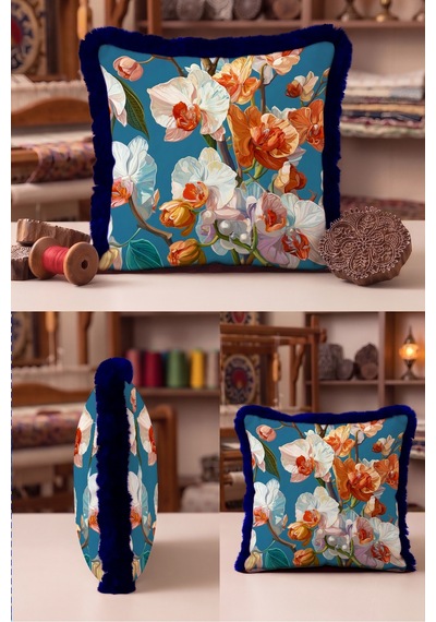 Egzotik Orkide Çiçek Saçaklı Yastık Kılıfı - Botanik Boho Turuncu Lacivert Püsküllü Kırlent Kılıfı Serin Vadi Ritüel Egzotik Orkide Çiçek Saçaklı Yastık Kılıfı - Botanik Boho Turuncu Lacivert Püsküllü Kırlent Kılıfı Serin Vadi Ritüel