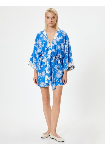 Koton Oversize Kimono Viskon Çiçekli Kuşaklı Mavi Desenli 4sak50028ew Mavi Desenli