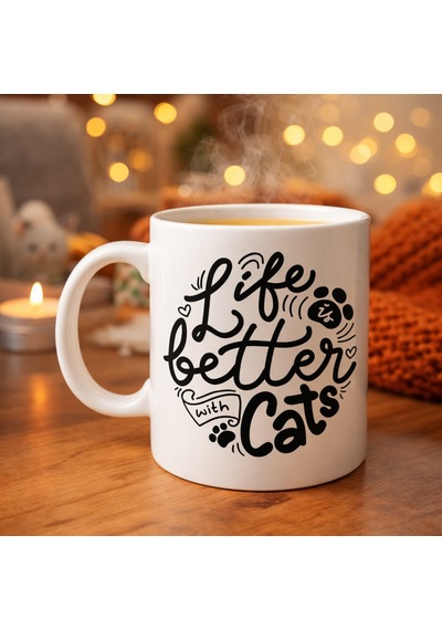 Hemengo Life İs Better With Cats Kedi Severlere Özel Porselen Kupa Model 59 Sevimli Tasarım Hediyelik Kahve Kupas Diğer
