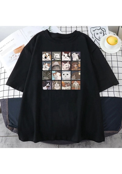 Flood Of Style Erkek Siyah Cat Baskılı Oversize Bisiklet Yaka Tshirt