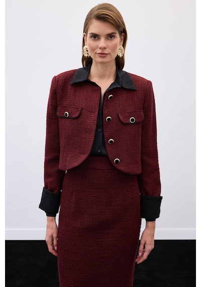 Sateen Kontrast Kısa Tüvit Ceket - Bordo-136337 Bordo