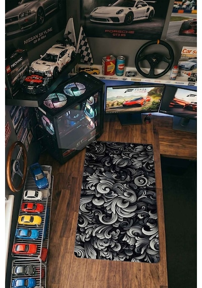 Siyah Beyaz Barok Çiçek Motifi 40x90 Cm Oyuncu Mousepad Kaymaz Taban Büyük Boy Mousepad