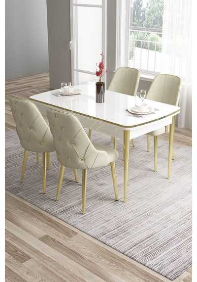 Canisa Tia Serisi 80x132 Açılabilir Mdf Mutfak Masası Takımı Beyaz Masa Gold Detay 4 Krem Sandalye Masa Beyaz Sandalye Krem Canisa Tia Serisi 80x132 Açılabilir Mdf Mutfak Masası Takımı Beyaz Masa Gold Detay 4 Krem Sandalye Masa Beyaz Sandalye Krem