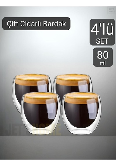 4 Lü Set Espresso Bardağı 80 Ml Kahve Bardağı Çift Cidarlı Bardak Viski Bardağı Şeffaf