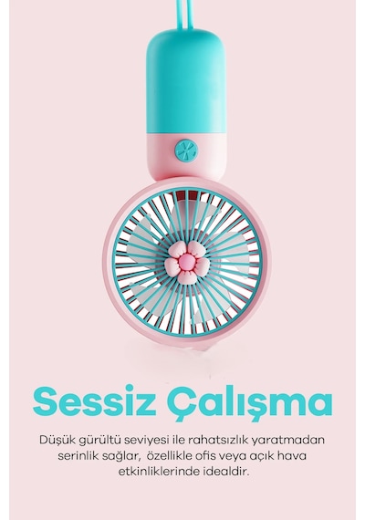 Arell Güçlü Parvaneli Renkli Mini El Fanı Taşınabilir Şarjlı Taşıma Ipli Vantilatör Soğutucu