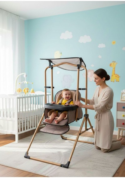 Tam Yatarlı Tenteli Mama Tablalı Keten Kumaş Ev Tipi Gold Salıncaklı & Mama Sandalyesi