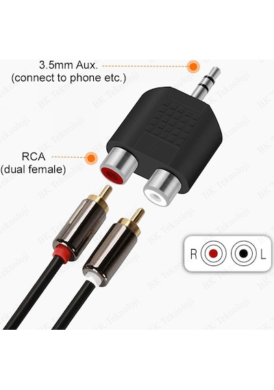 Stereo Ses Konektörü 3.5 mm Erkek Jak - 2 RCA (R+L) Dişi Ayırıcı