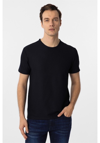 Süvari Lacivert Slim Fit Armürlü Bisiklet Yaka Tişört-37338 Lacivert