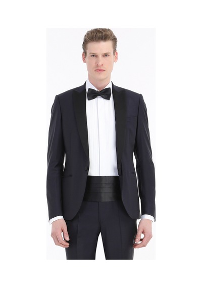 Ramsey Lacivert Düz Fashion Slim Fit Kruvaze Yaka Dokuma Smokin Takım Elbise