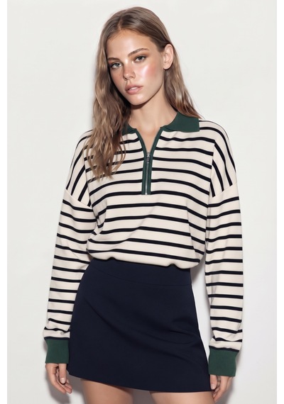 Soft&basic Çizgili Polo Yaka Triko Kadın Kazak Fermuarlı Haki