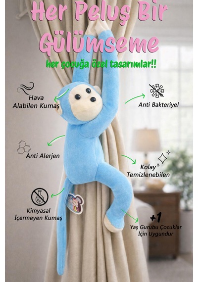 Maymun Yapışkanlı Vikvik Sesli 60cm - Maymun Peluş Oyuncak Açık Mavi