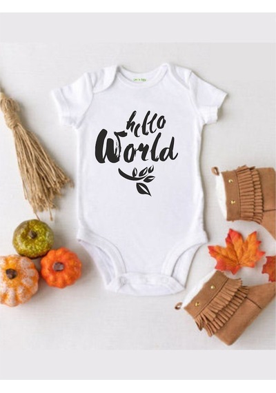 Tuğbababy Baby Hello World Desenli Organik Çıtçıtlı Body Kız Erkek Beyaz