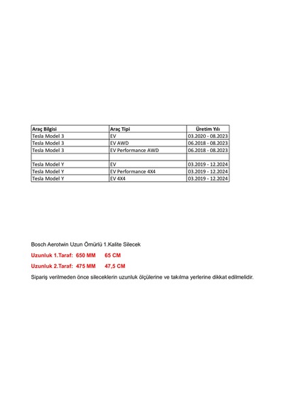 Tesla Model 3/y Ev Awd / Ev Awd Atwin Ön Silecek Set 65/47,5 Cm 03.2019 - 12.2024 Ara