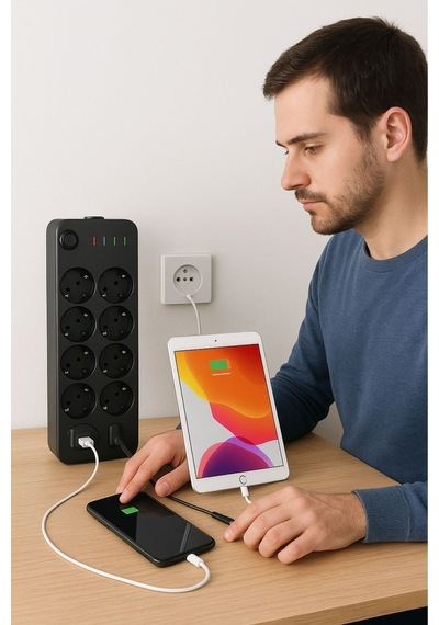Akım Korumalı Termal Uzatma Kablosu 10 Priz, 2 Usb Ve 2 Type-c Girişli, Güçlü Çoklu Priz 5570