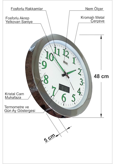 Dev Büyük 48 Cm Krom Metal Çerçeve Fosforlu Duvar Saati Gece Karanlıkta Görünen Nemölçerli Termometreli Takvimli Sessiz Kayar Akar Saniyeli Açık Gri