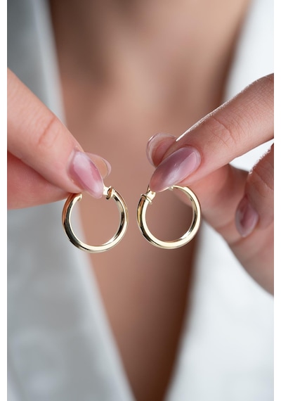 925 Ayar Gümüş 20 Mm Gold Kaplama Sade Halka Model Şarnel Küpe Gold