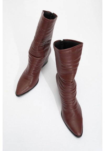 Luvishoes Luvi Shoes Laval Bordo Cilt Arkadan Fermuarlı Kadın Kalın Topuklu Bot Bordo