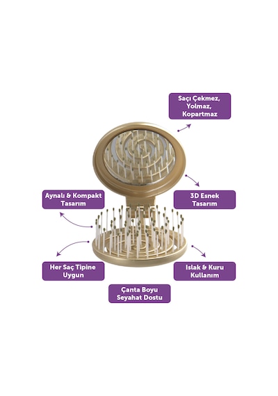 Beauty Makaron Metalik Saç Fırçası - 3d Esnek, Aynalı, Çanta Boy - Compact Detangler Altın