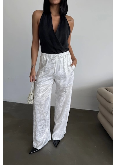 Defymoda Jakar Saten Pantolon - Beyaz Beyaz