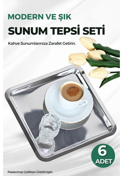 6 Lı Paslanmaz Çelik Kare Kahve Sunum Tepsi Seti 6 Adet