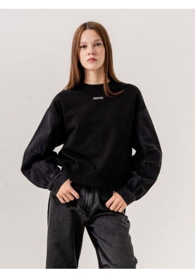 Kız Çocuk Mevsimlik Denim Kol 3 İplik Sweatshirt-14774 Siyah Kız Çocuk Mevsimlik Denim Kol 3 İplik Sweatshirt-14774 Siyah
