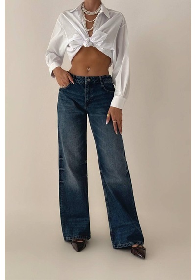 Lacarino 7650 Baggy Flare Kadın Jean Pantolon Dark Blue Tnt