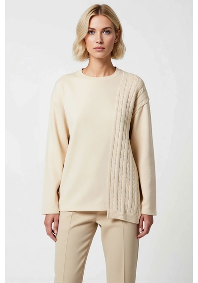 Benerly Kadın Bisiklet Yaka Düşük Kol Relaxed Triko Detaylı Sweatshirt Fo Taş
