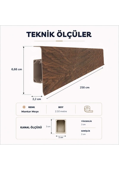 Esquero Kablo Kanallı PVC Süpürgelik 250 cm, Açılabilir Kapaklı, Mantar Meşe, ESQ612