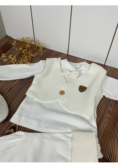 Zıpır Bebe Papyonlu Bebek Takım Ekru