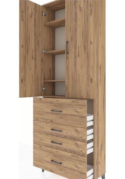 Arges Dolap 4 Raflı 4 Çekmeceli 2 Kapaklı 88x30x243 Çam-çam Çam