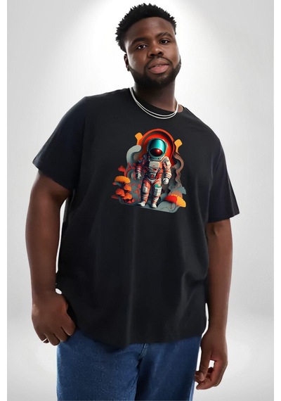 Angemiel Astronot Yapay Zeka Yürüyüş Siyah Büyük Beden Erkek Kadın Unisex Basic Ön Baskılı Tişört Siyah