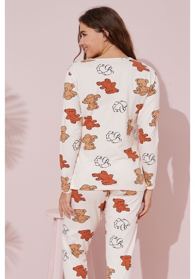 Siyah İnci Pamuklu Örme Pijama Takım 24241081 Ekru