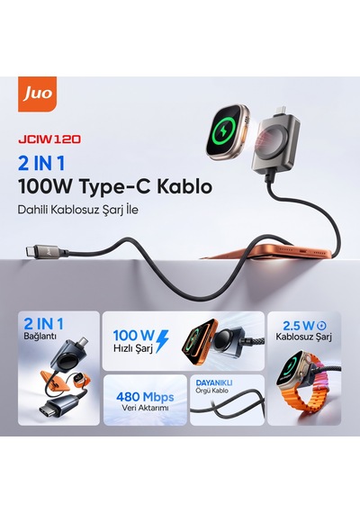 Juo 100w Type-c To Type-c Hızlı Şarj Kablosu Apple Watch Uyumlu Manyetik Şarj Özellikli 2'si 1 Arada Kablo 1.2 Metre