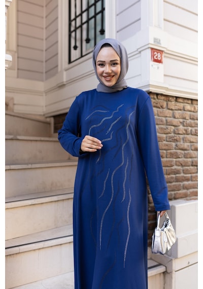 Hb Harma Time Butik Kadın Taş İşlemeli Rahat Kalıp Mavi Elbise