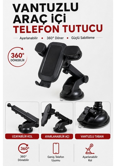 Vantuzlu 360 Derece Dönebilen Ayarlanılabilir Telefon Tutacağı Siyah - 639219527 Siyah