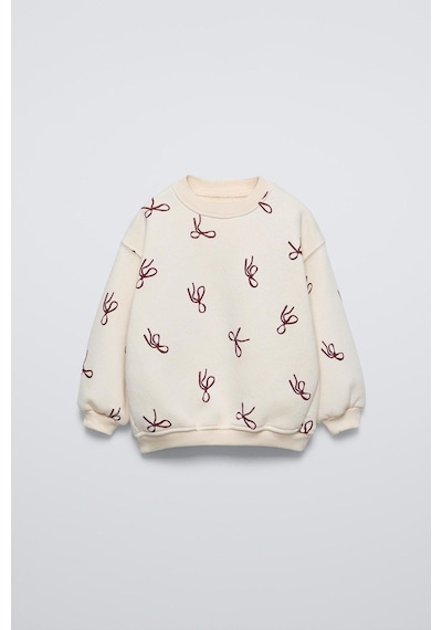 Magu Kız Çocuk Fiyonk Desenli Ekru Sweatshirt Ve Bol Paça Eşofman Takımı Çok Renkli
