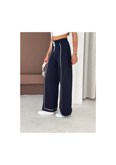 Gugus Kadın Beyaz Şerili Modal Pileli Eşofman Altı Wide Leg Lacivert