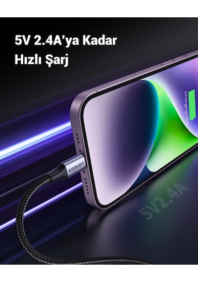 Ugreen Lightning - Usb-a Örgülü Mfi Sertifikalı Apple Uyumlu iPhone  Hızlı Şarj Kablosu, 1 M, Siyah, 60156