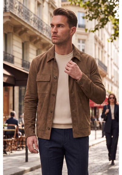 Rizzup Erkek Slim Fit Tüylenmeyen Kırışmayan Kahve Süet Ceket Astarlı Gömlek Yaka 2704503