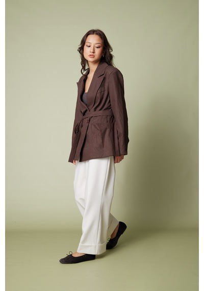 Keten Karışımlı Kuşaklı Blazer Ceket Kahve