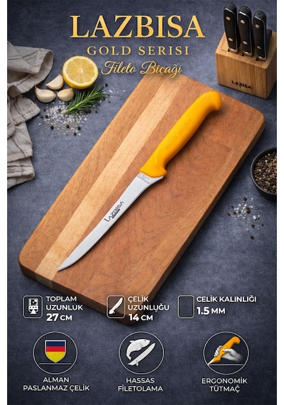 Lazbisa Mtf-057 Gold Incisive Serisi Balık Fileto Bıçağı Et Steak Bıçak Mutfak Bıçak Sarı