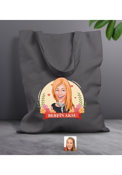 Bk Gift Kişiye Özel Anneler Günü Karikatürlü Antrasit Kumaş Bez Çanta, Baskılı Omuz Çantası, Alışveriş Çantası, Anneye Hediye-6 Antrasit