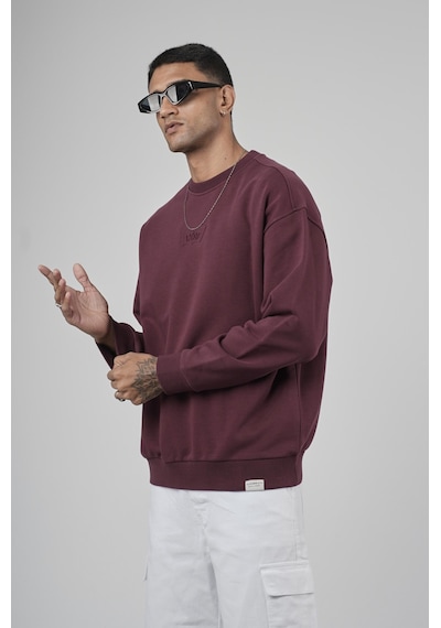 Bisiklet Yaka Logolu Oversize Kalıp Erkek Sweatshirt Bordo