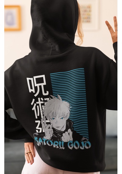 Sevbano Gojo Satoru Jujutsu Kaisen Anime Sırt Baskılı Unisex Oversize Pen Siyah