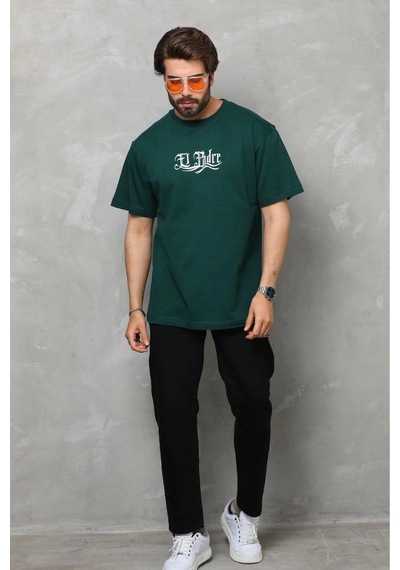 Erkek Kısa Kol Yazlık Tişört Bisiklet Yaka Baskılı Oversize T-shirt - Yeşil