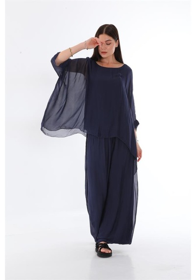 Bohem Stil İtalyan Yarasa Kol İpek Bluz & Pantolon Takım-8767 Lacivert