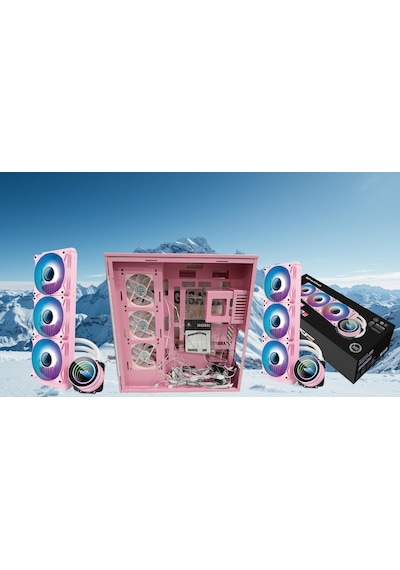 Zoko Tank 7x12 Cm Kumandalı Argb Fan Temper Camlı Oyuncu Bilgisayar Kasası Pembe Ve 360mm Sıvı Soğutma Set