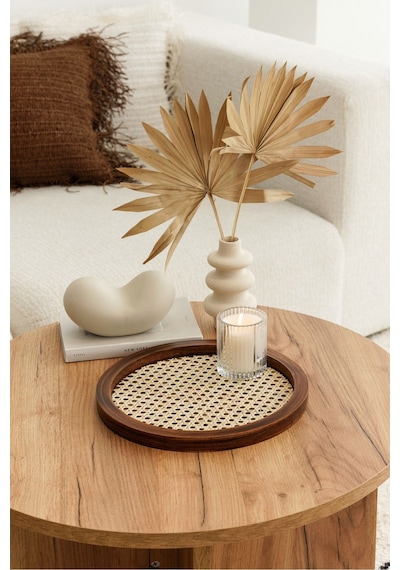 Rattan Hazeran Yuvarlak Tepsi Eskitme %100 Doğal Hazeran