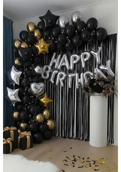 Gümüş Happy Birthday Folyo Balon Seti Siyah Gold Gümüş Doğum Günü Parti Seti Süsleri